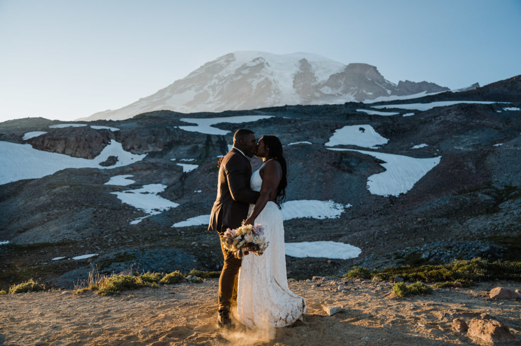 Couple sharing their first dance while hiking the Skyline Trail in Mount Rainier National Park