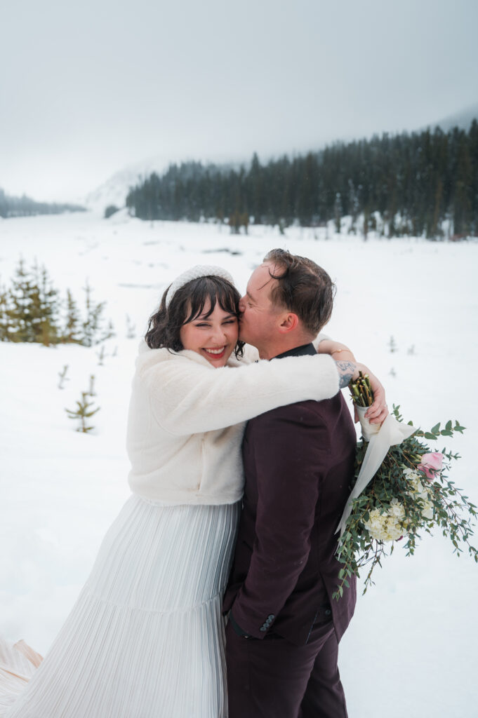 couple during their snowshoe elopement at Mount Hood in Oregon