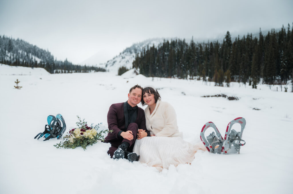 couple during their snowshoe elopement at Mt. Hood Oregon in the winter 