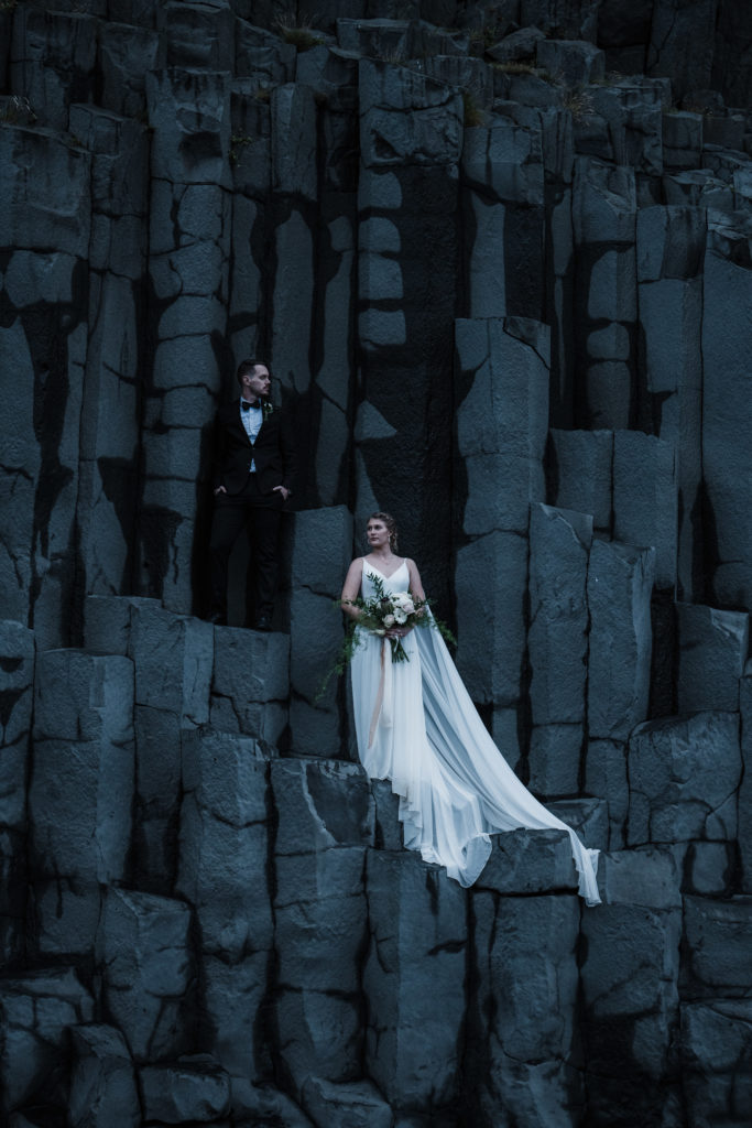 couple eloping at the basalt columns in Vik, Iceland