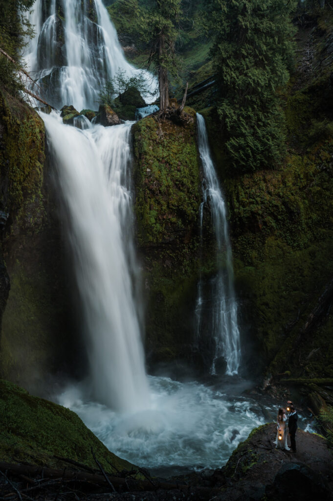 waterfall elopement at Falls Creek Falls, Washington State with lanterns