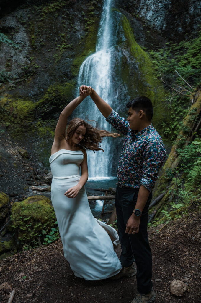 waterfall elopement at Marymere Falls in Olympic National Park 