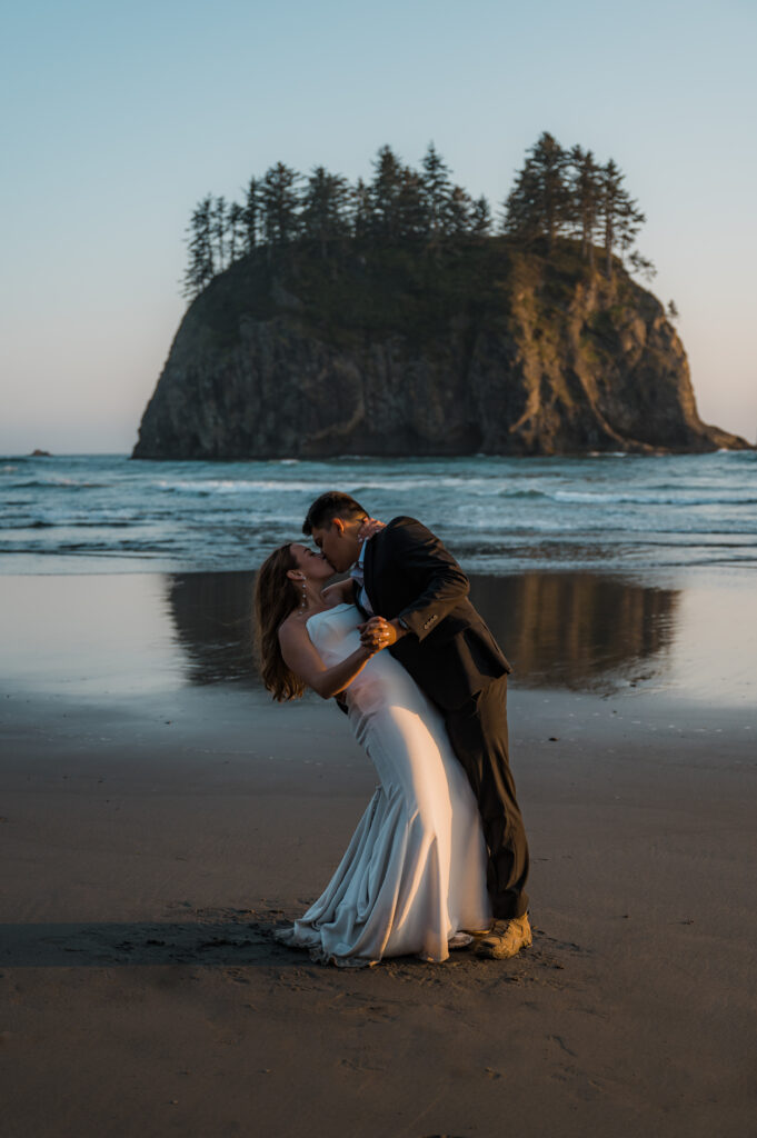 Couple sharing their first dance on Second Beach during their elopement day in Olympic National Park