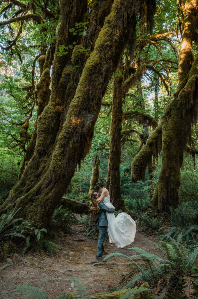 Eloping couple in the Hoh Rainforest, Olympic National Park