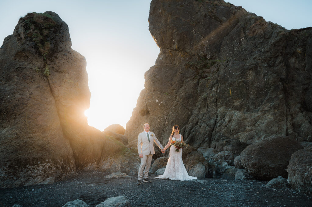 sunset portraits of bride and groom during their elopement at Ruby Beach