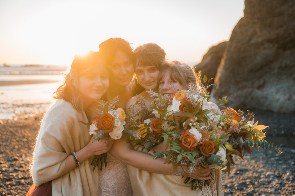 Bride and her daughters during sunset at Ruby Beach