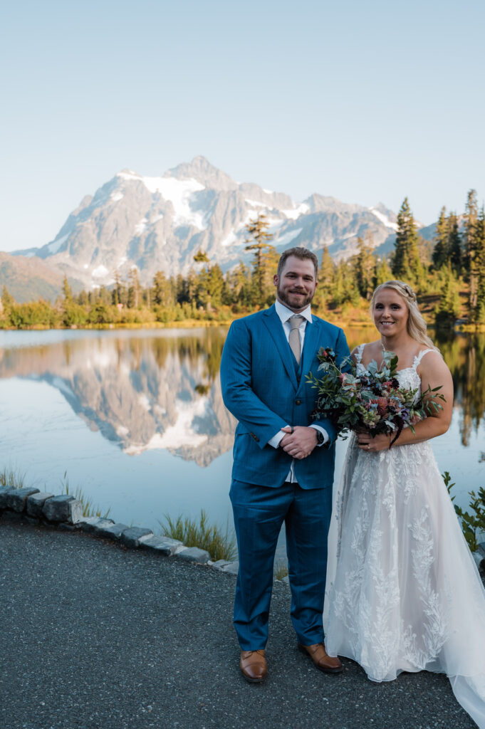 bride and groom at Picture Lake during their elopement day
