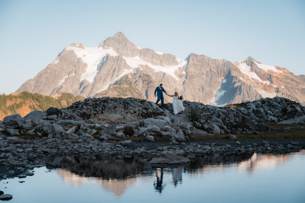 Couple hiking on their elopement day at Artist Point