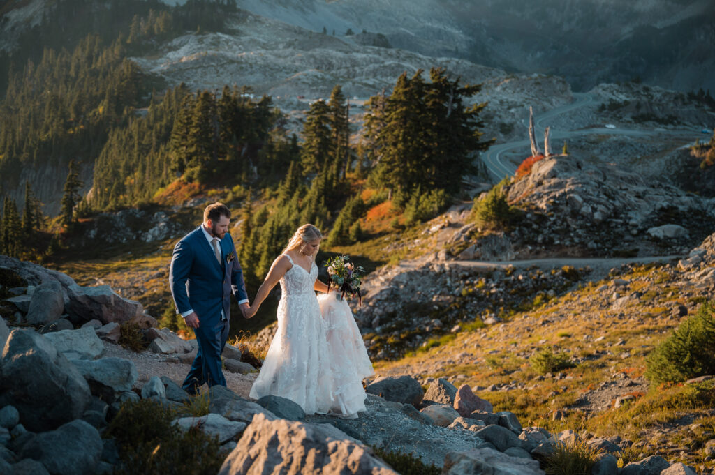 Bride and groom hiking on their elopement day in Washington