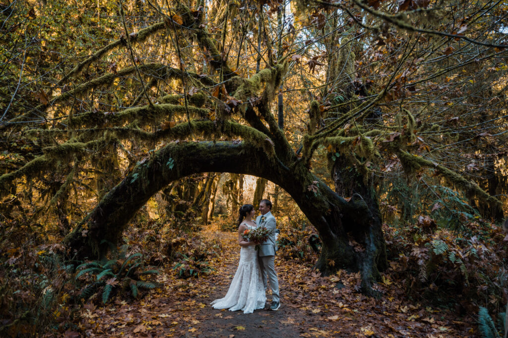 couple posing in the Hoh Rainforest during their elopement in Olympic National Park