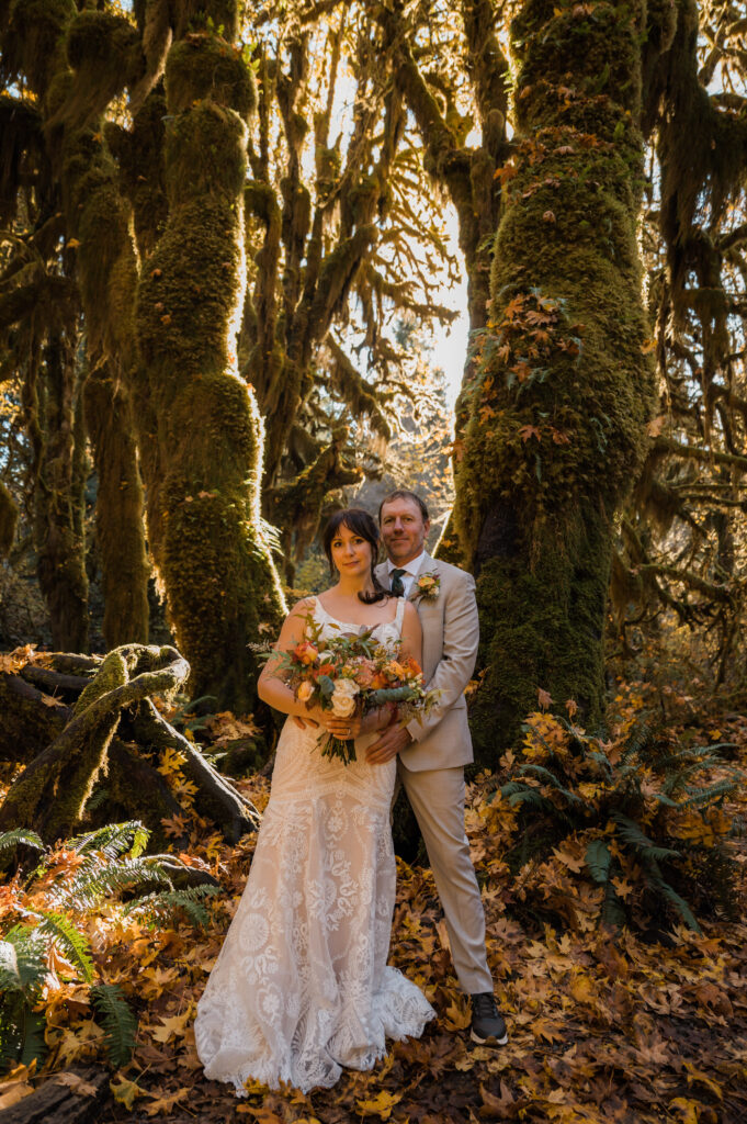 couple on their elopement day in the Hoh Rainforest, Olympic National Park