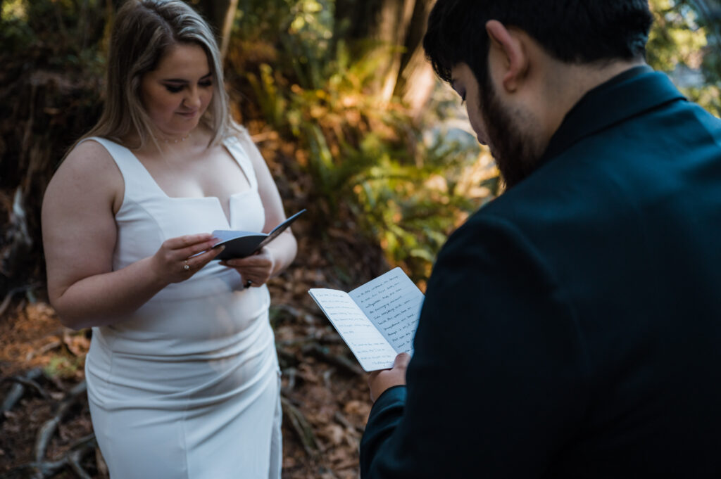 Bride and groom reading their vows during their ceremony in front of Snoqualmie Falls