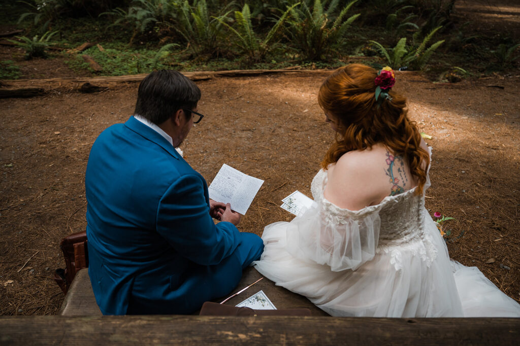 Bride and groom sit on a wood bench in Jedediah Smith Redwoods and read letters from family