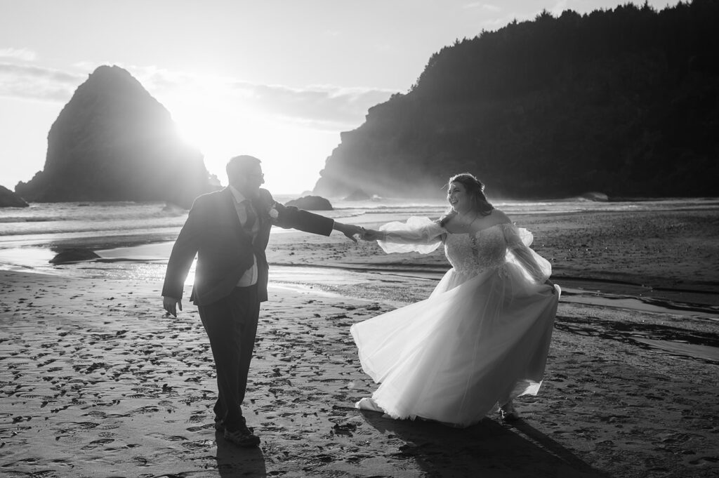 Bride and groom dancing on Whaleshead Beach