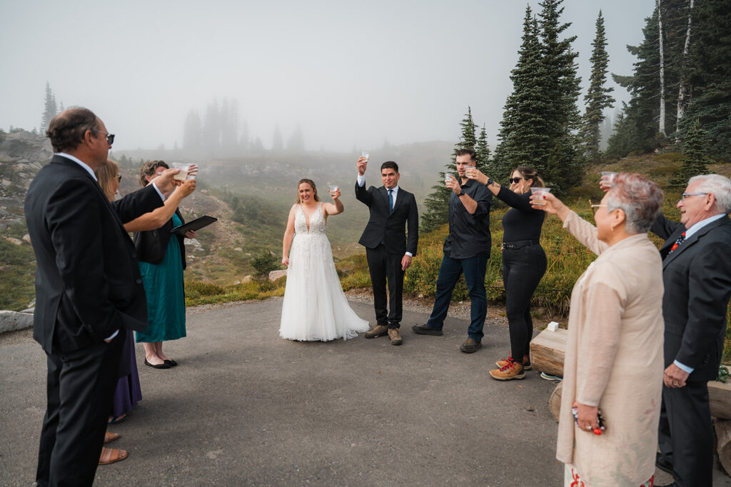 Bride and groom toast with sake and their guests after their Mount Rainier elopement ceremony