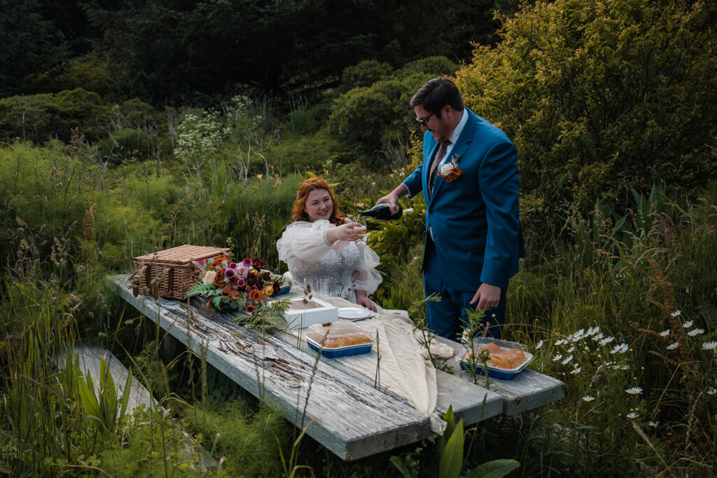 Bride and groom have a picnic near Whaleshead Beach