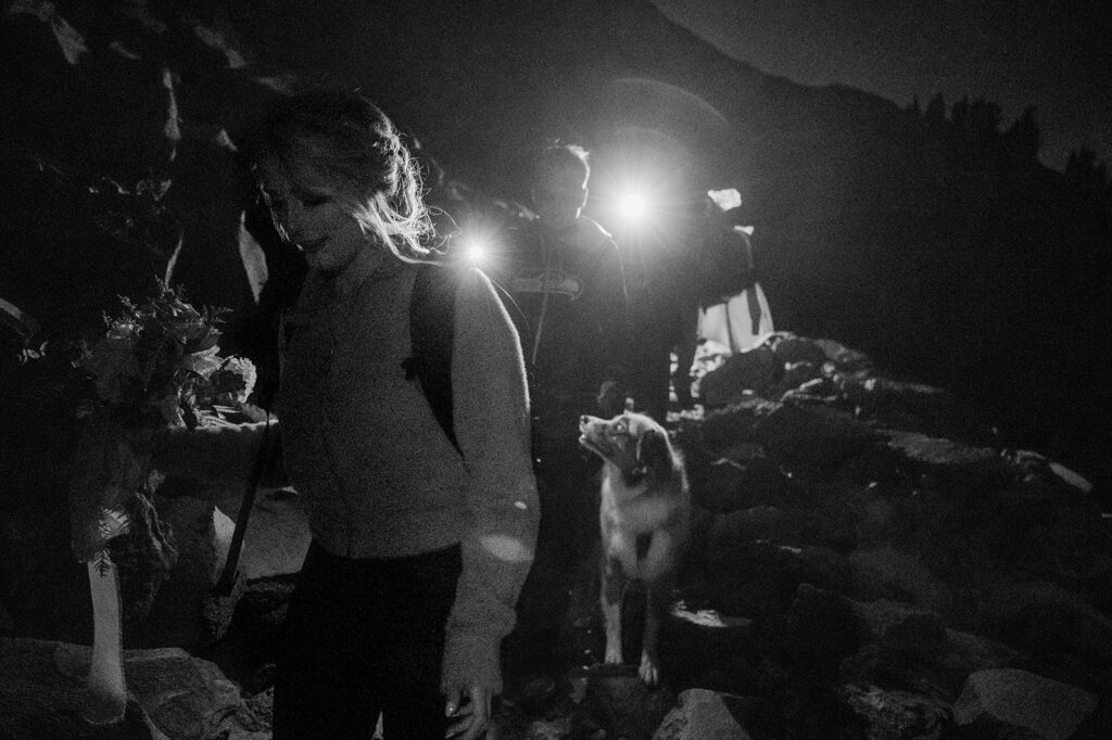 Bride and groom embark on an early hike to Iceberg Lake