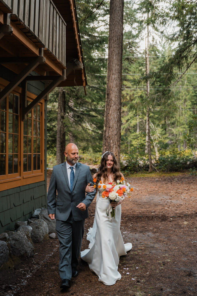 Father walks bride to the altar during their Mt. Hood elopement ceremony 