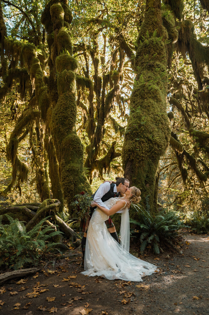 Bride and groom take portraits the Hoh Rainforest Hall of Mosses