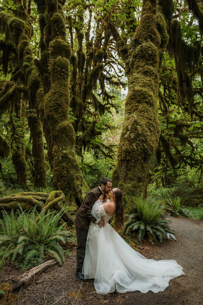Bride and groom embracing in the Hoh Rainforest, surrounded by ancient trees draped in green moss
