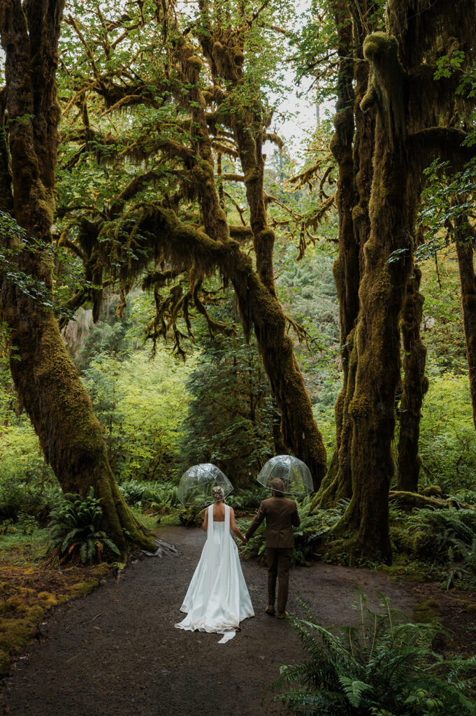 bride and groom holding hands and holding umbrellas while they walk through the Hoh Rainforest on their moody PNW elopement day