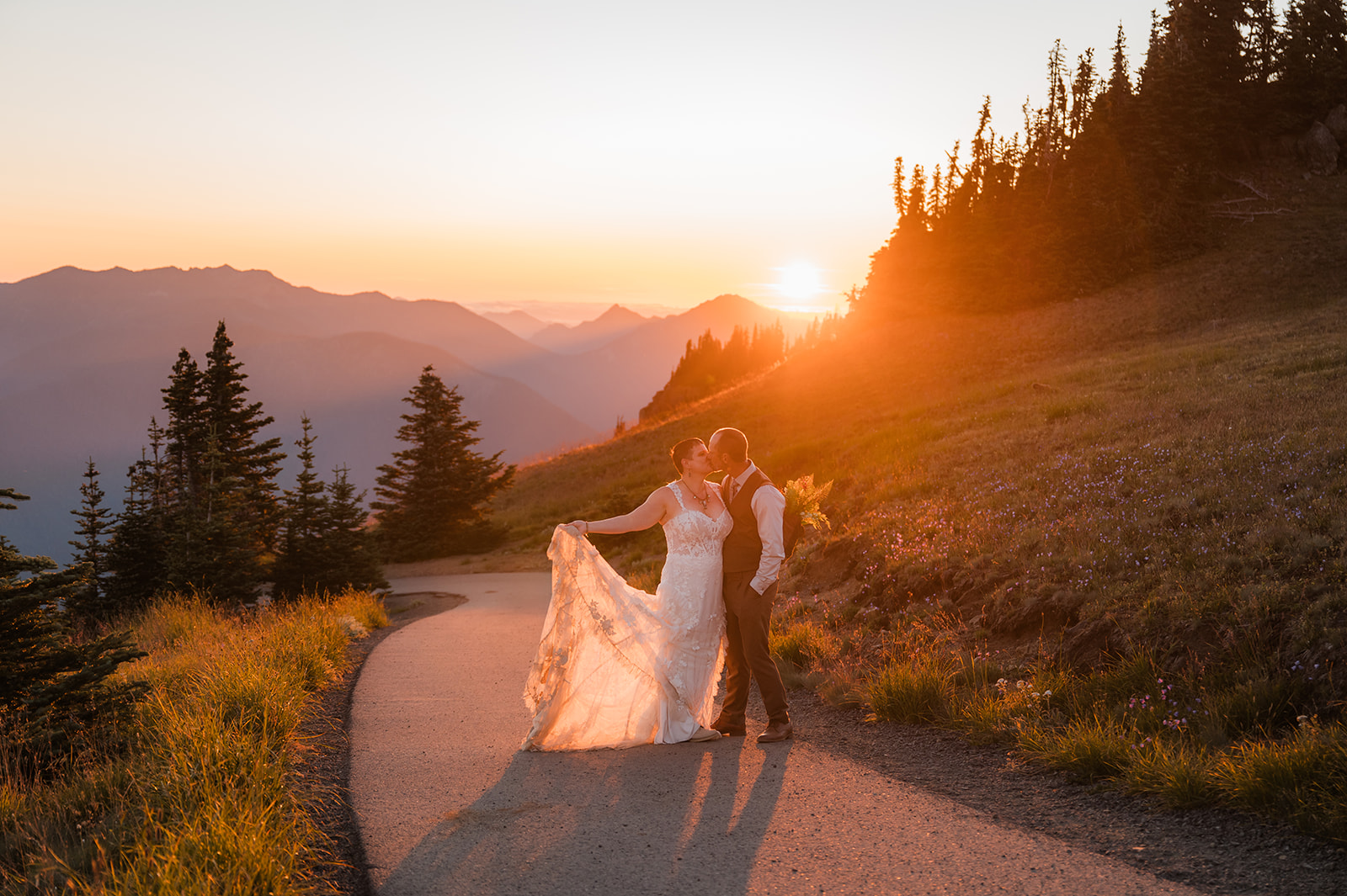 a couple getting married at sunset on their Hurricane Ridge Elopement day in Olympic National Park