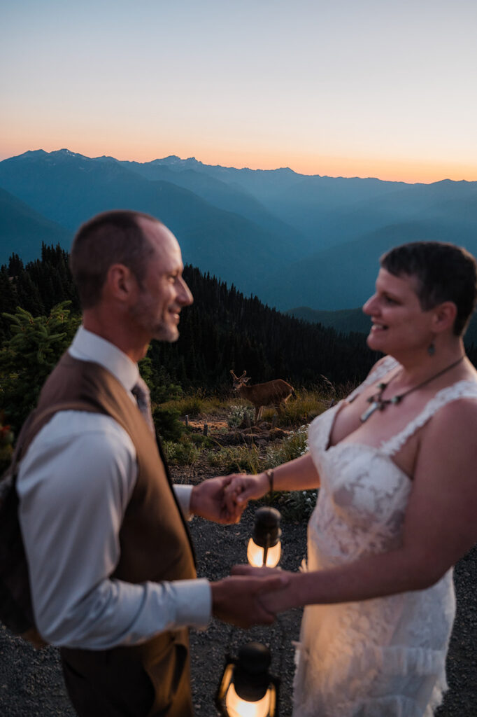couple holding lanterns with a deer in the background on their elopement day in olympic national park