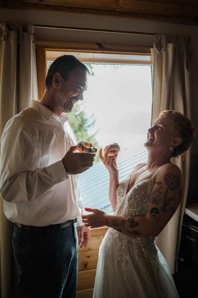 Intimate cabin elopement morning with donuts and coffee in Seward Alaska